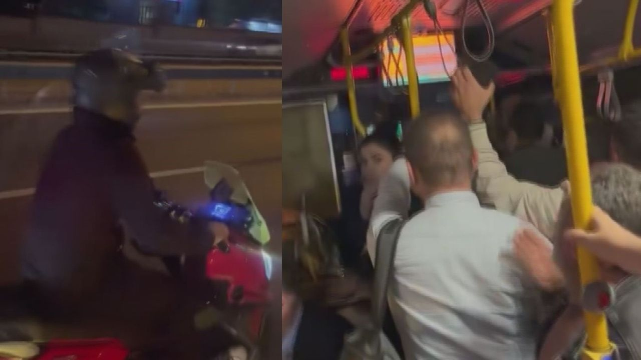 Motosikletli saldırgan otobüs camını kırdı: Panik anları kamerada