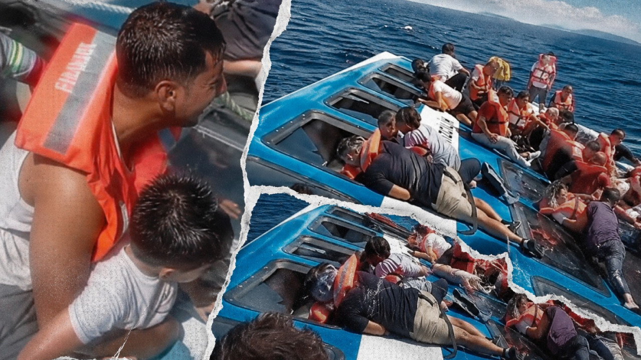 Girne'deki facianın feci görüntüleri ortaya çıktı! Yan yatmış geminin üstünde çığlık çığlığa yardım istediler