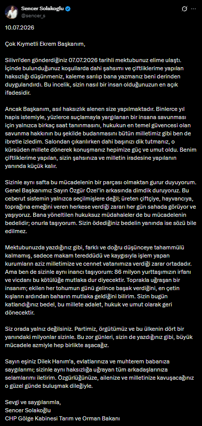 İmamoğlu'ndan Sencer Solakoğlu'na destek mektubu: 