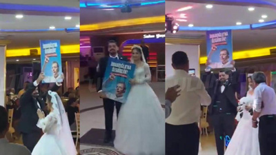 Gelin ve damat düğüne "İmamoğlu'na özgürlük" döviziyle girdi