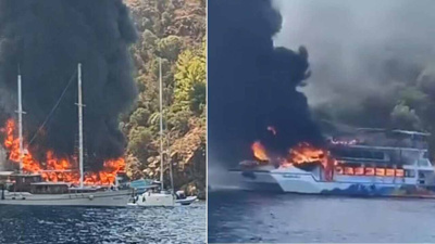 Fethiye'de 115 kişinin içindeki tekne alev alev yandı