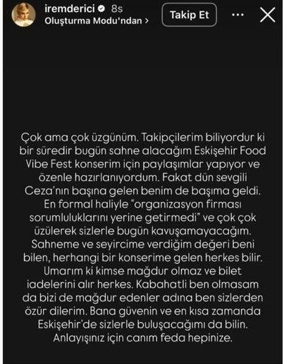 Ceza ve İrem Derici sahneye çıkmadı! Peş peşe açıklama yaptılar - Resim : 3