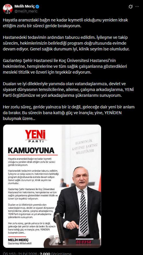 YENİ Parti Milletvekili Melih Meriç taburcu edildi! Bıçaklı saldırıya uğramıştı - Resim : 2