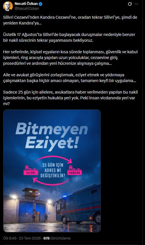 Duruşmaya sayılı günler kala yeniden Edirne'ye gönderilmişti: Necati Özkan'dan nakile tepki - Resim : 1