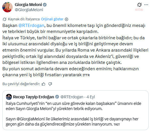 Meloni’den Erdoğan’ın tebrik mesajına yanıt: Yeni iş birliği fırsatları yaratacağız - Resim : 1