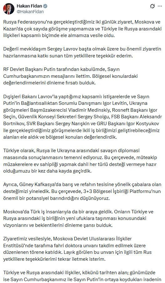 Dışişleri Bakanı Fidan'a Rusya'da fahri doktora - Resim : 1