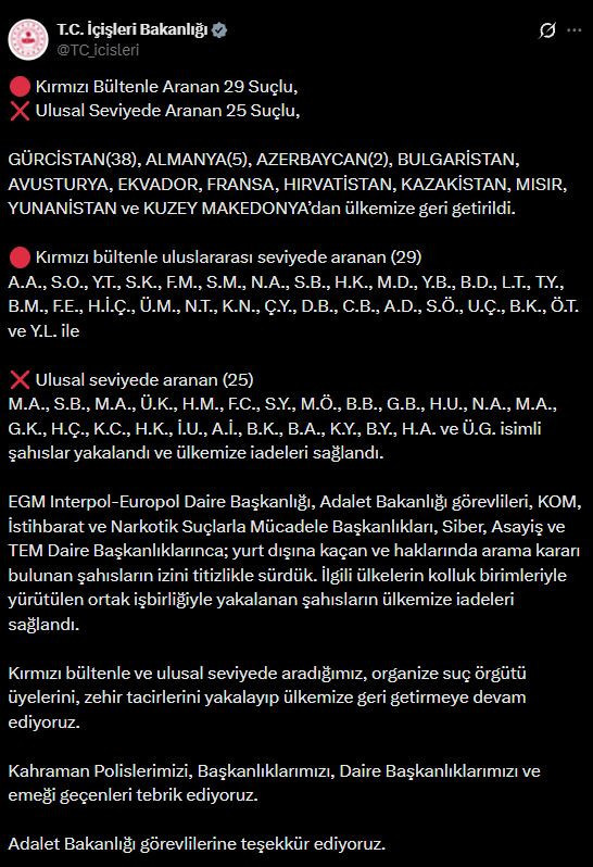 Son dakika | Bakanlık açıkladı! 54 suçlu yakalanarak Türkiye'ye getirildi - Resim : 1