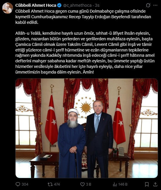 Cübbeli Ahmet Erdoğan'ı ziyaret etti: 'Ümmetimizin başında dâim eylesin' - Resim : 1
