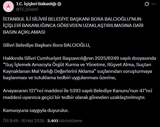 Son Dakika | Silivri Belediye Başkanı Bora Balcıoğlu görevden uzaklaştırıldı - Resim : 1