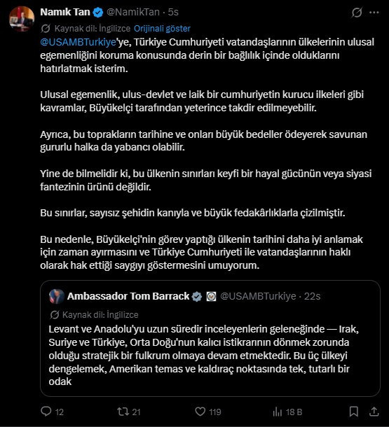 CHP'li Namık Tan'dan Barrack'a tepki: 'Bu ülkenin sınırları siyasi fantezinin ürünü değildir' - Resim : 1