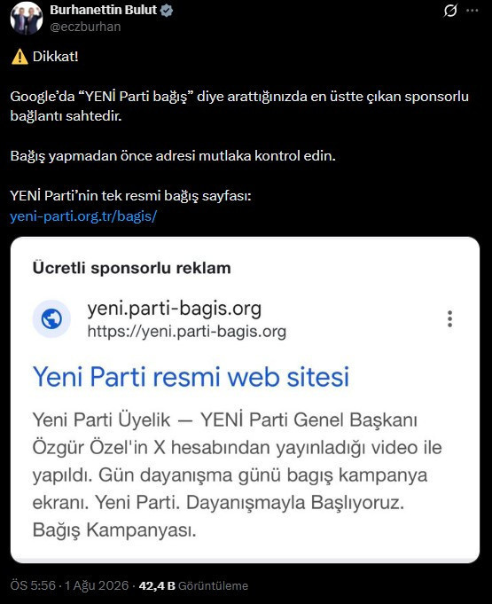 YENİ Parti'den sahte bağış sitesi uyarısı: Sponsorlu bağlantıya dikkat - Resim : 1