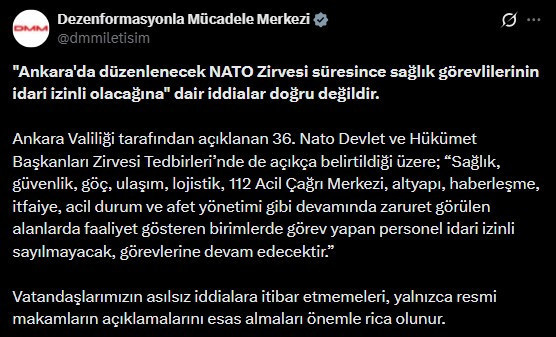 DMM'den 'NATO Zirvesi süresince sağlık görevlilerine izin' iddialarına açıklama - Resim : 1