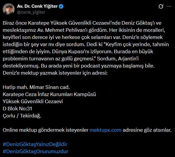 Cezaevindeki Deniz Göktaş'tan ilk mesaj:
