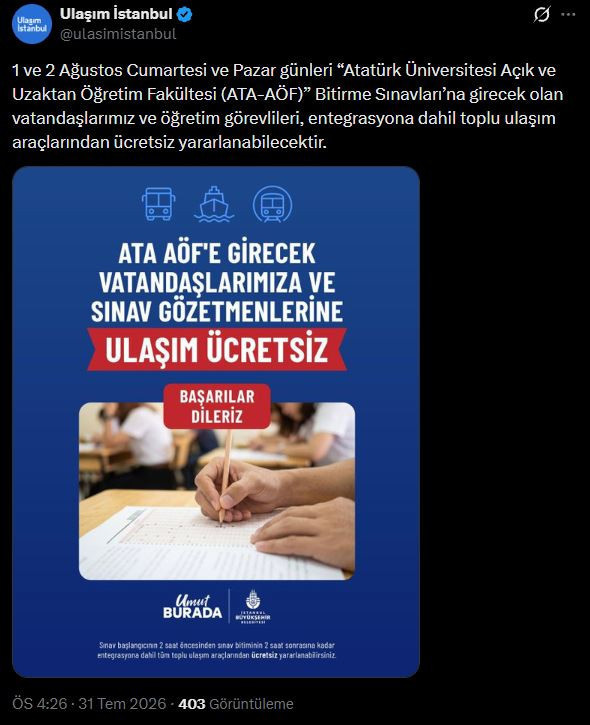 ATA-AÖF sınavına girecekler için İBB'den açıklama geldi! 2 saat sonrası da dahil - Resim : 1