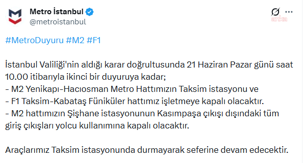 Metro İstanbul duyurdu: Valilik kararıyla Taksim metrosu Pazar günü saat 10.00’dan itibaren kapalı olacak - Resim : 1