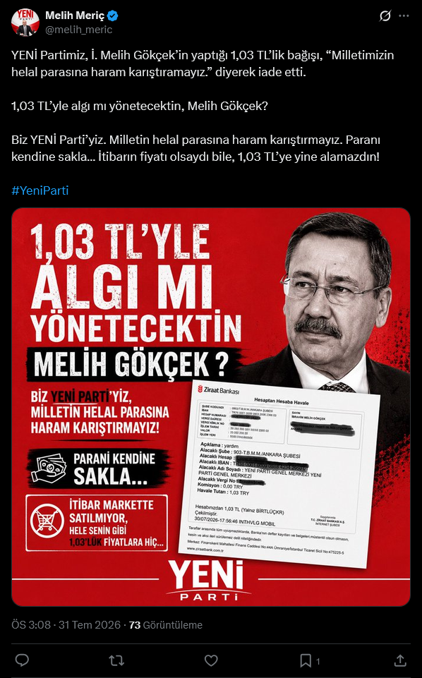 YENİ Parti Melih Gökçek'in bağışını iade etti: Milletimizin helal bağışlarına haram karıştırmayız - Resim : 4