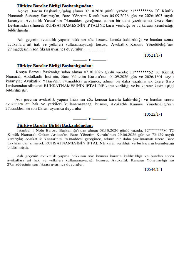 Üç avukat meslekten men edildi! Türkiye Barolar Birliği duyurdu - Resim : 1