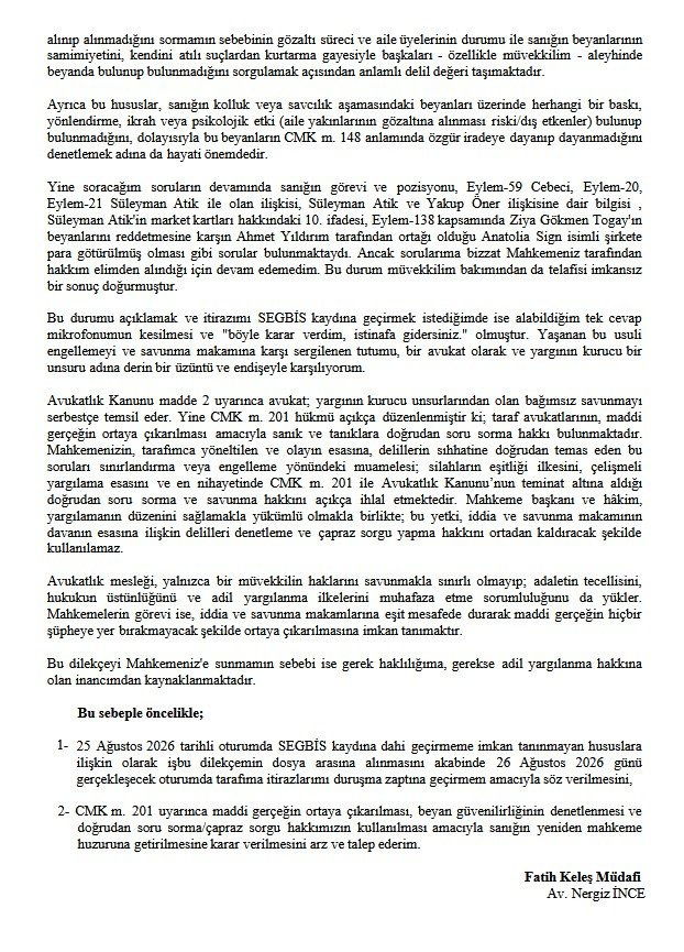 ERTAN YILDIZ'IN ÇAPRAZ SORGU İÇİN MAHKEMEYE GETİRİLMESİ TALEP EDİLDİ
