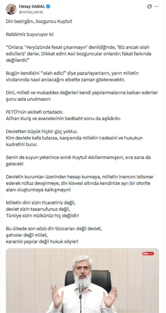 Saray danışmanı Oktay Saral Alparslan Kuytul'u hedef gösterdiği paylaşımını sildi - Resim : 2