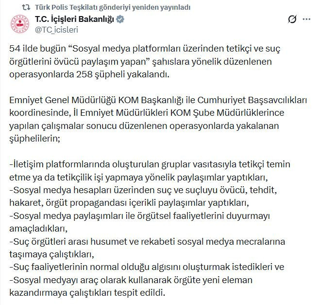 54 ilde suç örgütlerini öven paylaşımlara operasyon: 258 gözaltı - Resim : 1