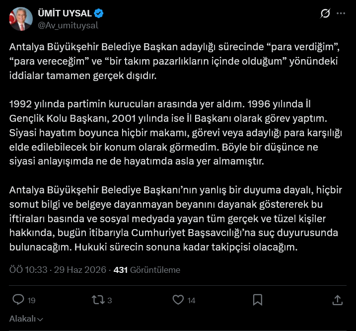 Muhittin Böcek'in 3. ifadesinde 'adaylık için para verdi' dediği Ümit Uysal açıklama yaptı - Resim : 1