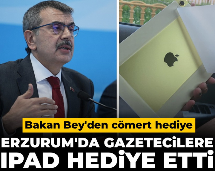 Bakan Yusuf Tekin kendisini izleyen gazetecilere iPad hediye etti