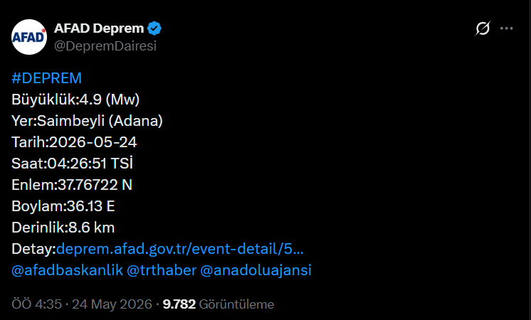 Son dakika... Adana'da 4.9 büyüklüğünde deprem - Resim : 1