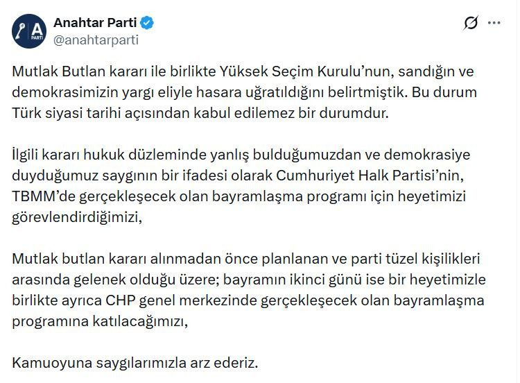 Anahtar Parti'den CHP ile bayramlaşma kararı: Hem Genel Merkeze hem TBMM grubuna heyet gidecek - Resim : 2