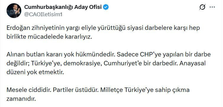 Son Dakika | İmamoğlu'ndan mutlak butlana ilk tepki: Türkiye'ye sahip çıkma zamanıdır - Resim : 2