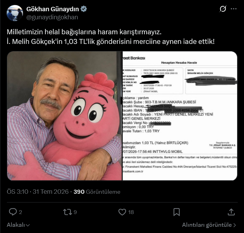 YENİ Parti Melih Gökçek'in bağışını iade etti: Milletimizin helal bağışlarına haram karıştırmayız - Resim : 1