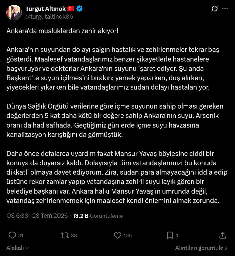 Ankara Büyükşehir'den Turgut Altınok'a suç duyurusu! Musluklardan zehir aktığını iddia etmişti - Resim : 1