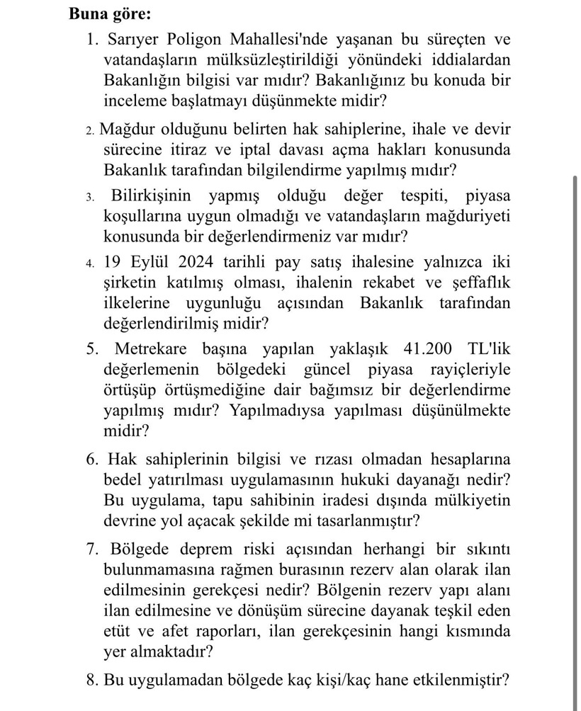 Sarıyer Poligon Mahallesi Meclis gündeminde: CHP'li Zeybek, Bakan Kurum’a tek tek sordu - Resim : 3