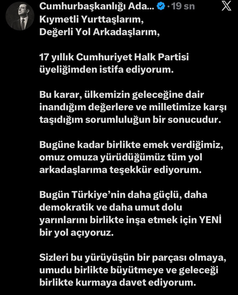 Son Dakika | İmamoğlu CHP'den istifa etti - Resim : 1