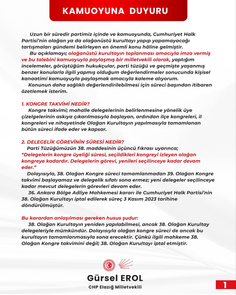 CHP'li Erol: 38. Olağan Kurultayın yeniden yapılabilmesi ancak 38. Olağan Kurultay delegeleriyle mümkün - Resim : 3