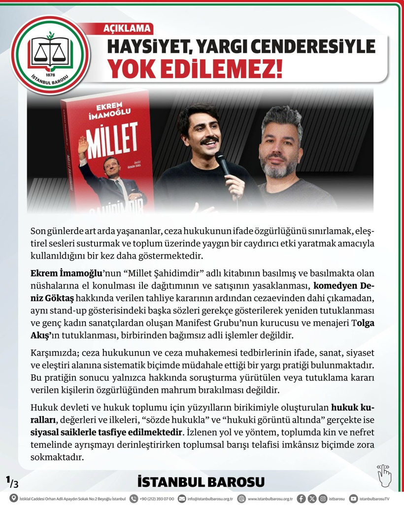 İstanbul Barosu’ndan Deniz Göktaş, Tolga Akış ve İmamoğlu açıklaması! “Bu cendereyi aşacağız” - Resim : 1