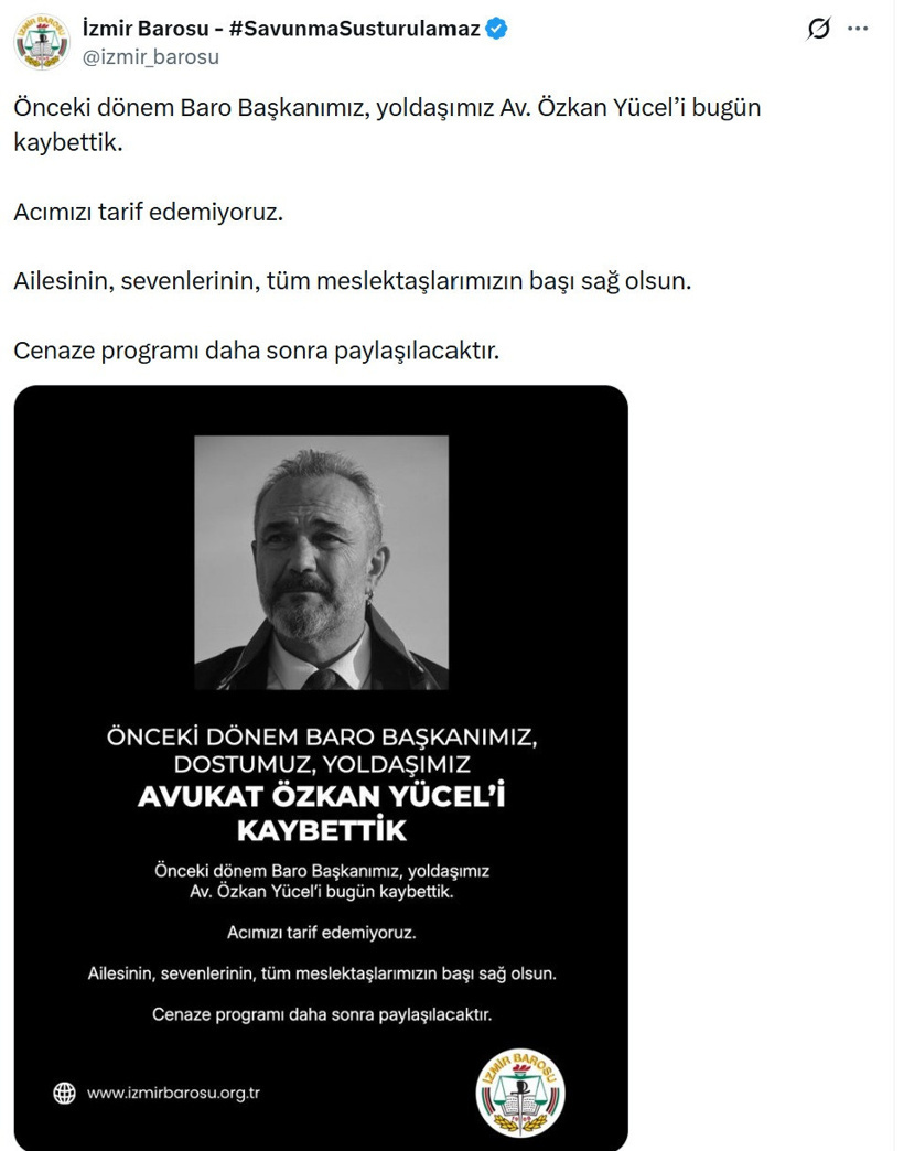 İzmir Barosu eski Başkanı Özkan Yücel hayatını kaybetti - Resim : 1