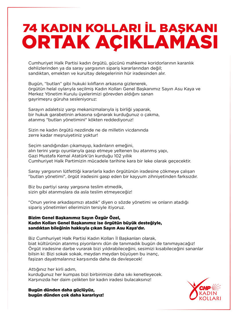CHP'li 74 Kadın Kolları İl Başkanından ortak bildiri:
