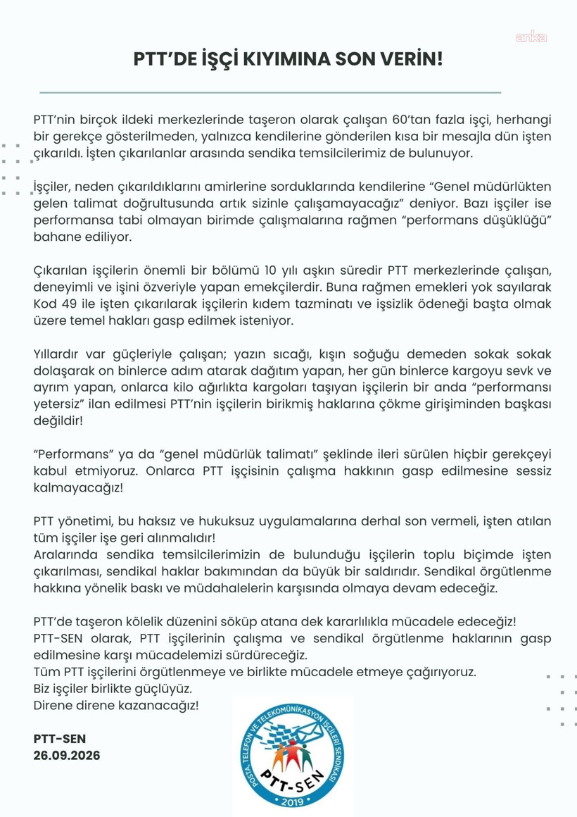 PTT-SEN açıkladı: PTT’de 60’tan fazla işçi kısa mesajla işten çıkarıldı - Resim : 2