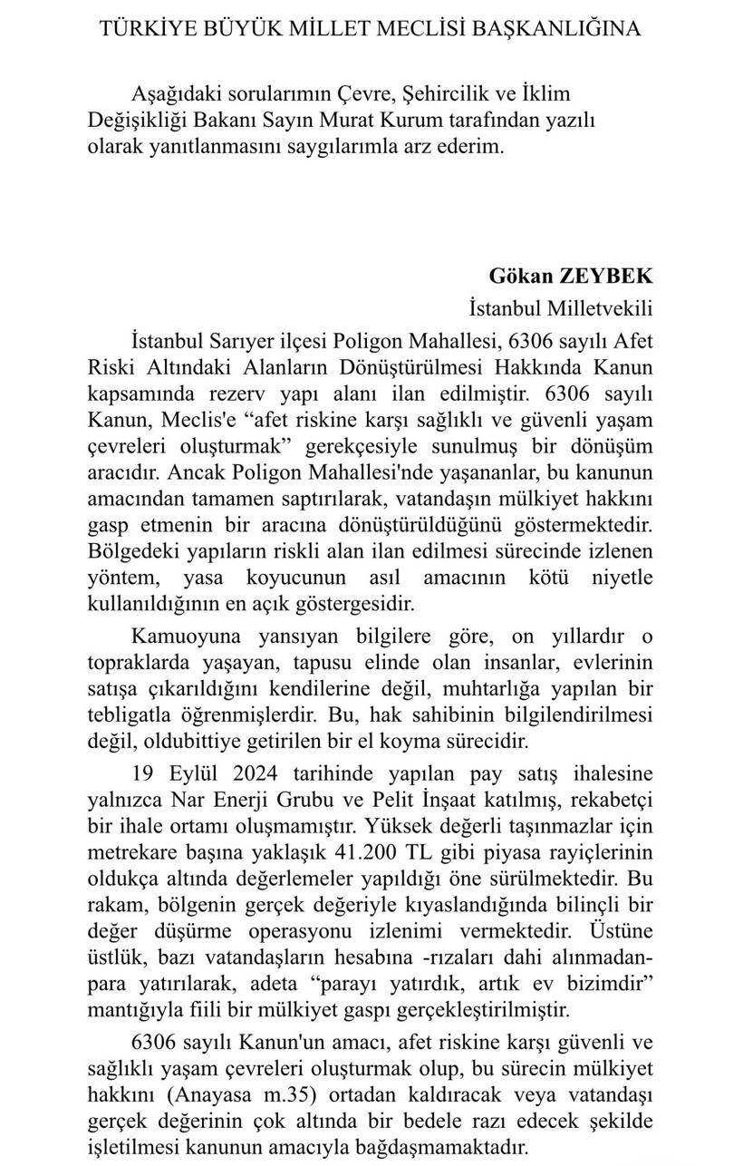 Sarıyer Poligon Mahallesi Meclis gündeminde: CHP'li Zeybek, Bakan Kurum’a tek tek sordu - Resim : 2