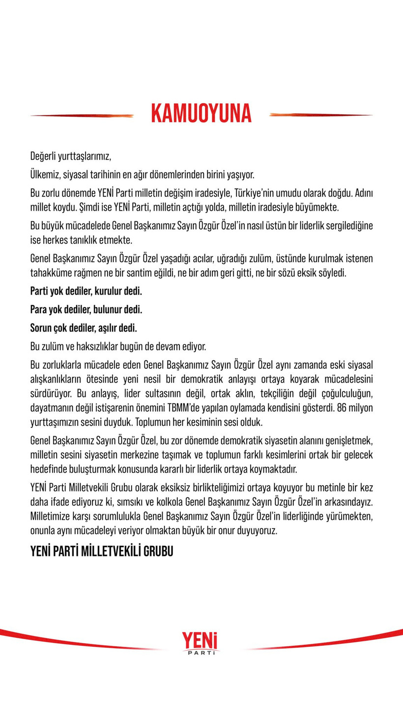 YENİ Partili milletvekillerinden ortak açıklama: Özgür Özel liderliğinde birlik içindeyiz - Resim : 1