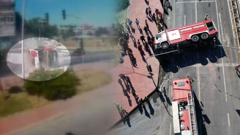 Büyükçekmece'de itfaiye aracının devrildiği feci kaza kamerada: 3 itfaiye eri yaralı!