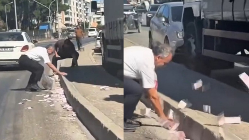 Çuvaldan saçılan paralar karayolunu karıştırdı! Sürücüler şaşkına döndü
