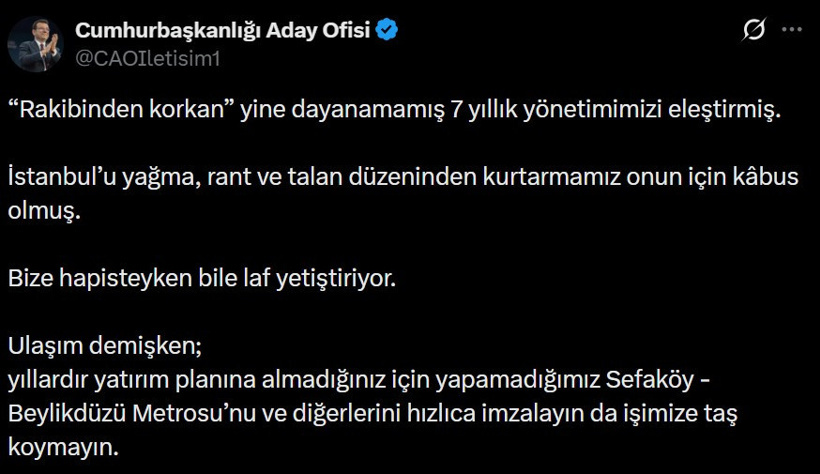 İmamoğlu’ndan Erdoğan’a 'metro' yanıtı: Hızlıca imzalayın da işimize taş koymayın - Resim : 1