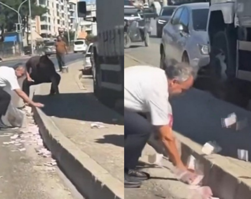 Çuvaldan saçılan paralar karayolunu karıştırdı! Sürücüler şaşkına döndü