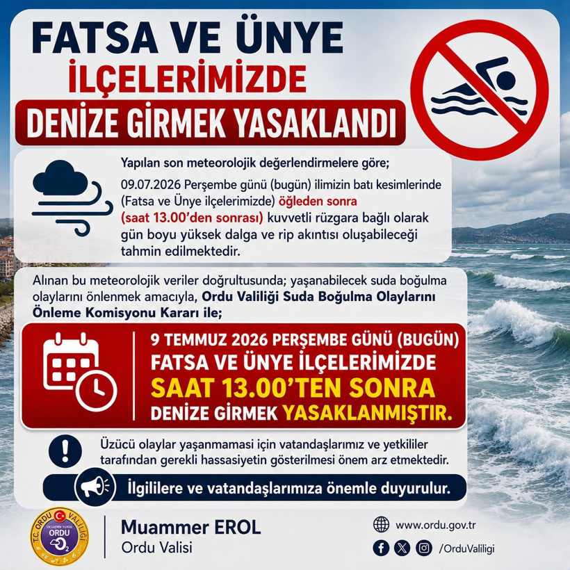 Ordu Valiliği'nden uyarı: İki ilçede denize girmek yasaklandı - Resim : 1