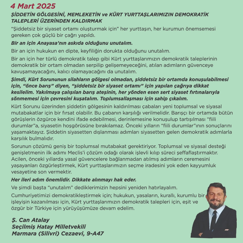 Can Atalay’dan “çerçeve yasa” mesajı: Barış ateşini siyaset fırtınalarına karşı kuşatalım - Resim : 2
