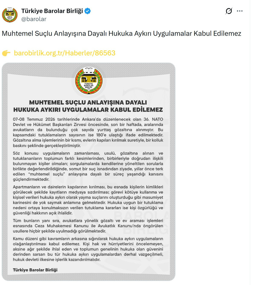 Türkiye Barolar Birliği'nden dikkat çeken açıklama: ''Masumiyet karinesi yok sayılıyor'' - Resim : 2
